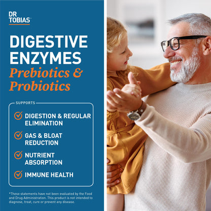 Dr. Tobias Digestive Enzymes with Probiotics, Prebiotics & Postbiotics – Bromelain, Amylase, Lipase – 60 Capsules