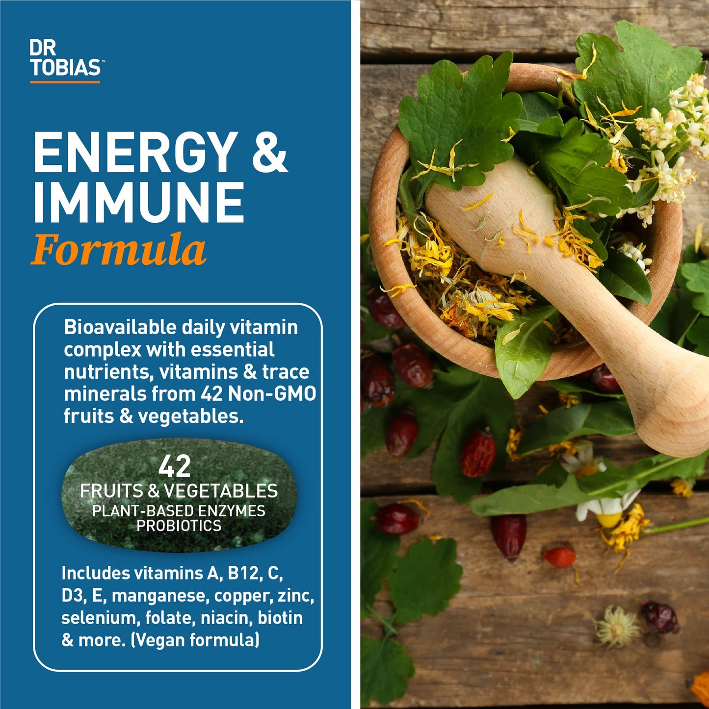 Dr. Tobias Adult Multivitamin for Women & Men - Immune Support, 42 Fruits & Vegetables, Probiotics, Vegan, Non-GMO, 90 Tablets, 30 Servings