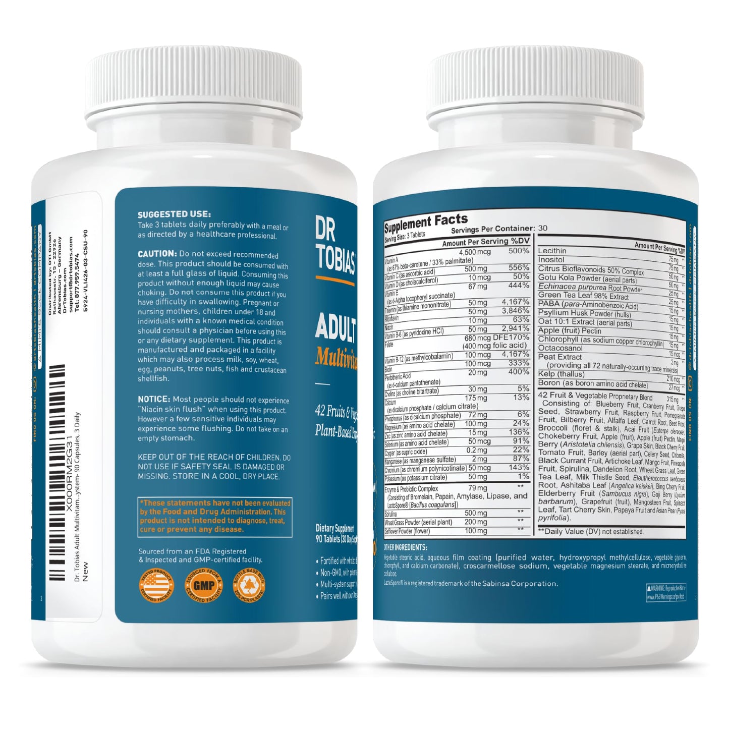 Dr. Tobias Adult Multivitamin for Women & Men - Immune Support, 42 Fruits & Vegetables, Probiotics, Vegan, Non-GMO, 90 Tablets, 30 Servings