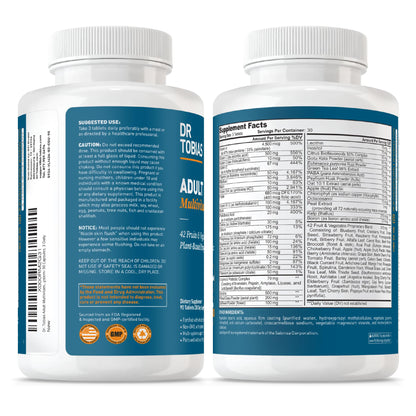 Dr. Tobias Adult Multivitamin for Women & Men - Immune Support, 42 Fruits & Vegetables, Probiotics, Vegan, Non-GMO, 90 Tablets, 30 Servings