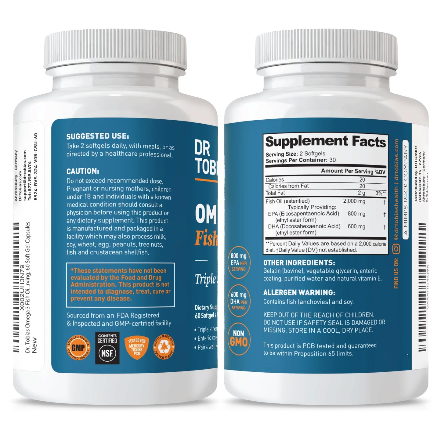 Dr. Tobias Omega 3 Fish Oil 2000mg Triple Strength | 800mg EPA / 600mg DHA | 60 Softgels