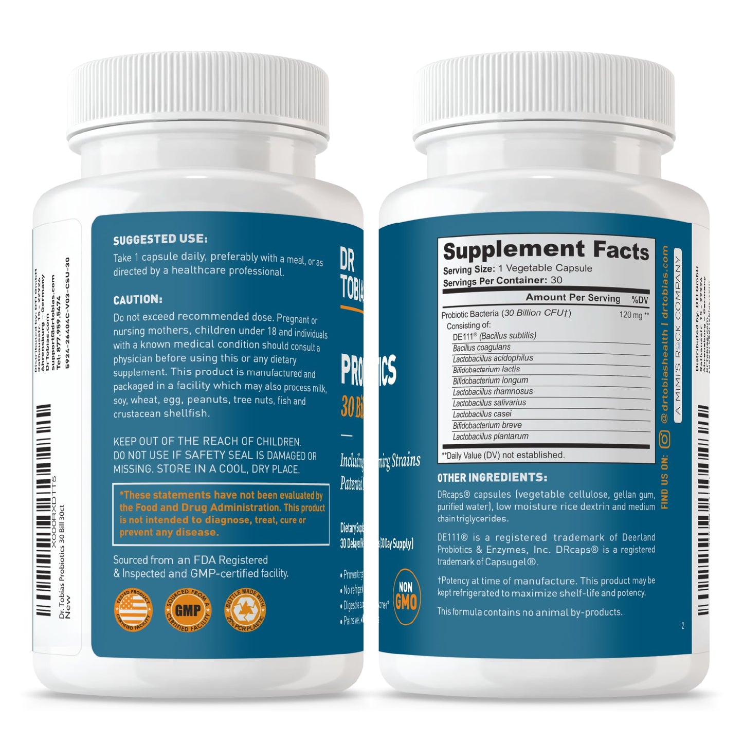 Dr. Tobias Probiotics 30 Billion CFU – 10 Strains | Targeted Release for Digestive Health