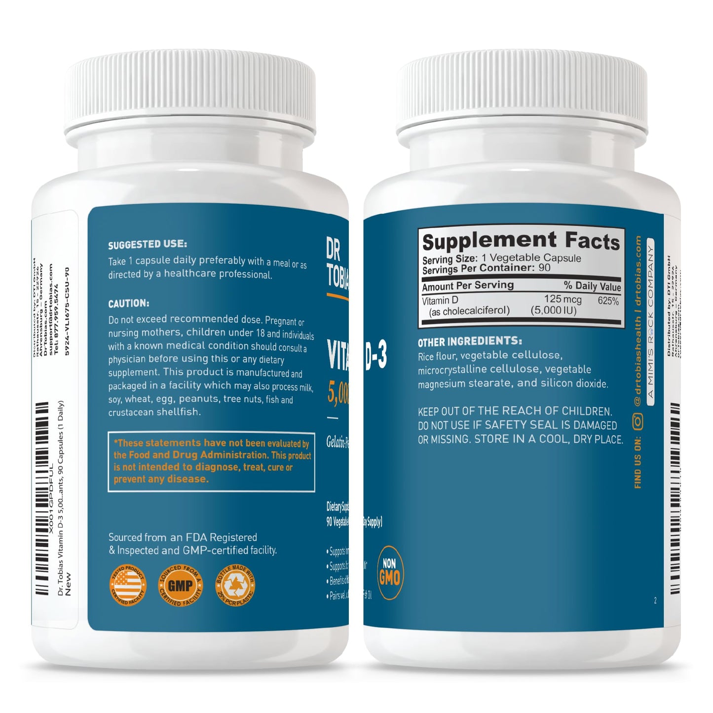 Dr. Tobias Vitamin D3 5000 IU - 90 Capsules | Non-GMO