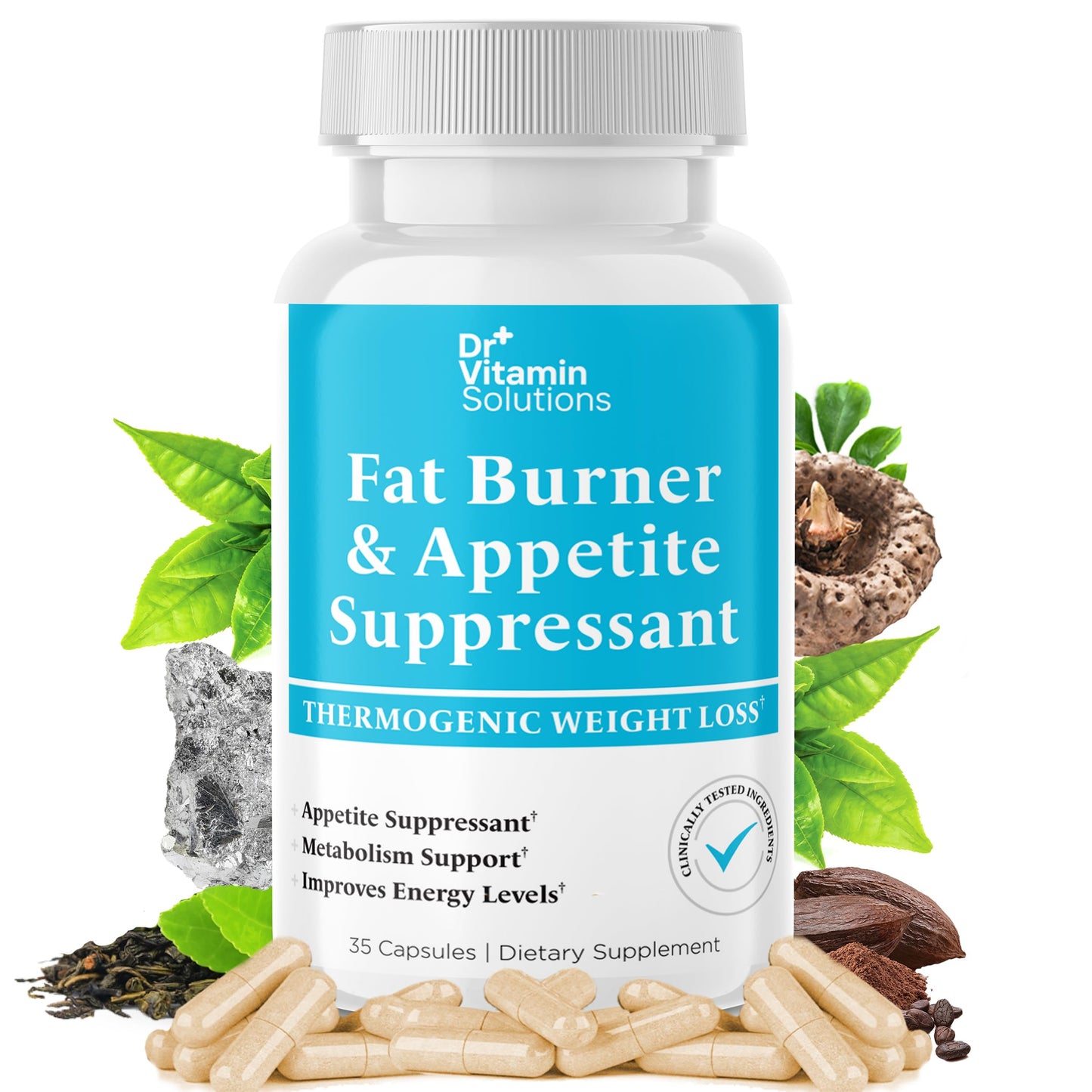 DR VITAMIN SOLUTIONS Fat Burner for Women and Men - Appetite Suppressant & Metabolism Booster - 35 Capsules