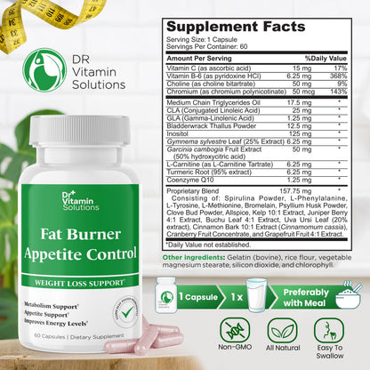 DR VITAMIN SOLUTIONS Fat Burner & Appetite Control – Metabolism Booster with L-Carnitine, CLA & Chromium | 60 Capsules