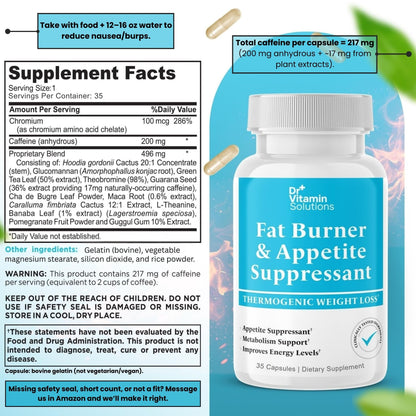 DR VITAMIN SOLUTIONS Fat Burner for Women and Men - Appetite Suppressant & Metabolism Booster - 35 Capsules