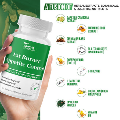 DR VITAMIN SOLUTIONS Fat Burner & Appetite Control – Metabolism Booster with L-Carnitine, CLA & Chromium | 60 Capsules