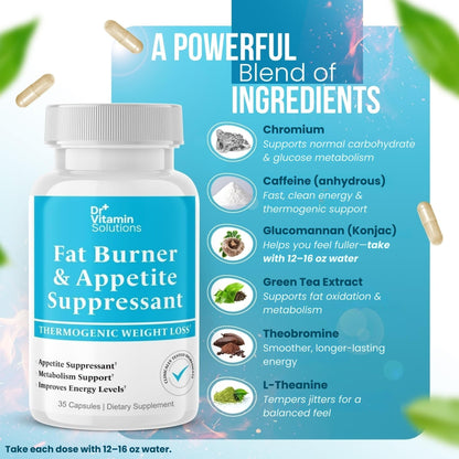DR VITAMIN SOLUTIONS Fat Burner for Women and Men - Appetite Suppressant & Metabolism Booster - 35 Capsules