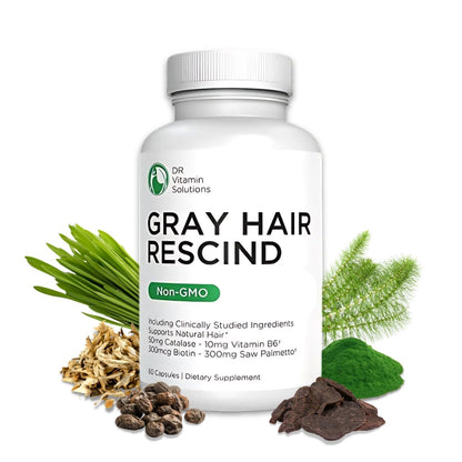 DR VITAMIN SOLUTIONS Gray Hair Rescind with Catalase - Antiaging Hair, Skin and Nails Vitamins, Pantothenic Acid, Folic Acid 400mcg, Biotin 300mcg, Saw Palmetto for Men and Women
