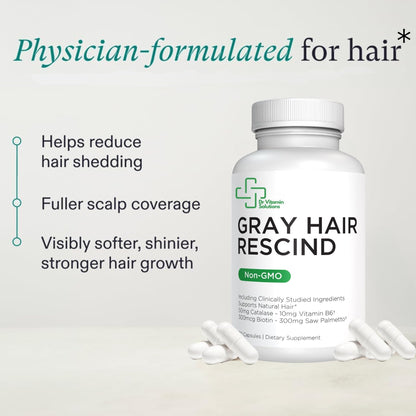 DR VITAMIN SOLUTIONS Gray Hair Rescind with Catalase - Antiaging Hair, Skin and Nails Vitamins, Pantothenic Acid, Folic Acid 400mcg, Biotin 300mcg, Saw Palmetto for Men and Women
