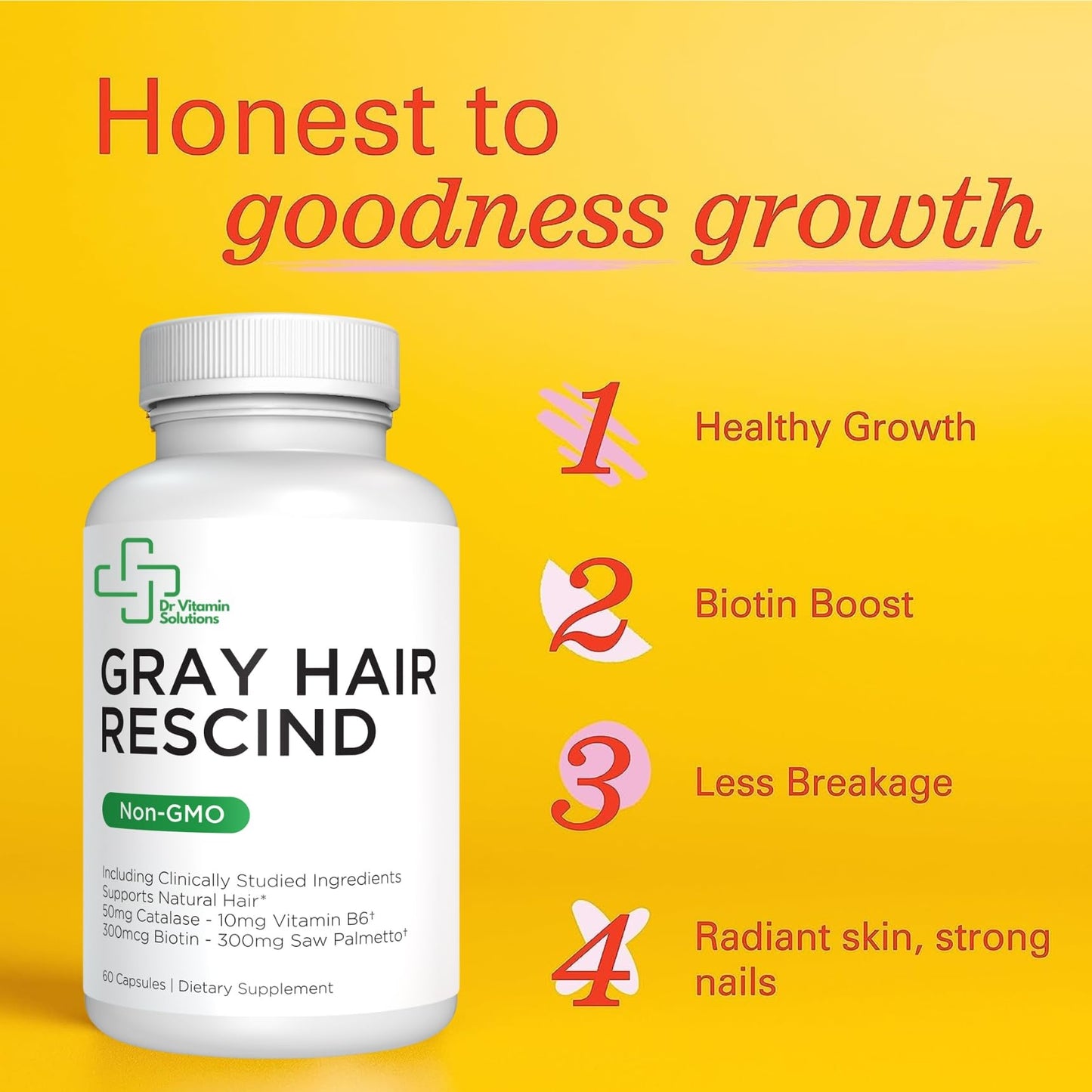 DR VITAMIN SOLUTIONS Gray Hair Rescind with Catalase - Antiaging Hair, Skin and Nails Vitamins, Pantothenic Acid, Folic Acid 400mcg, Biotin 300mcg, Saw Palmetto for Men and Women