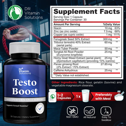 DR VITAMIN SOLUTIONS Testo Boost for Men - Stamina, Endurance & Energy (30 Capsules)