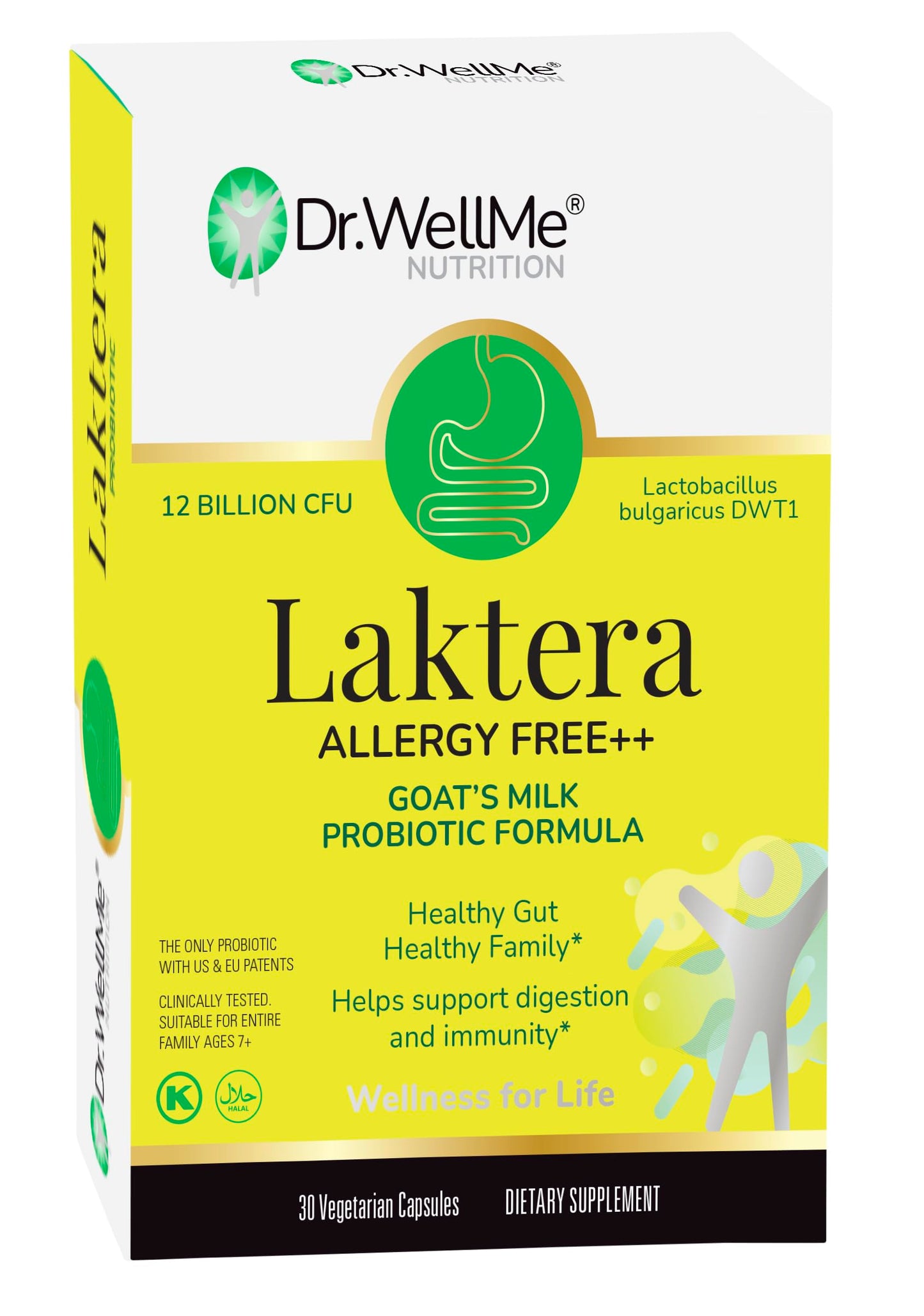 Dr. WellMe Laktera Allergy-Free Probiotics – 30 Caps, Goat Milk Formula, 12B CFU, Immune & Gut Health, Low Lactose, Gluten-Free
