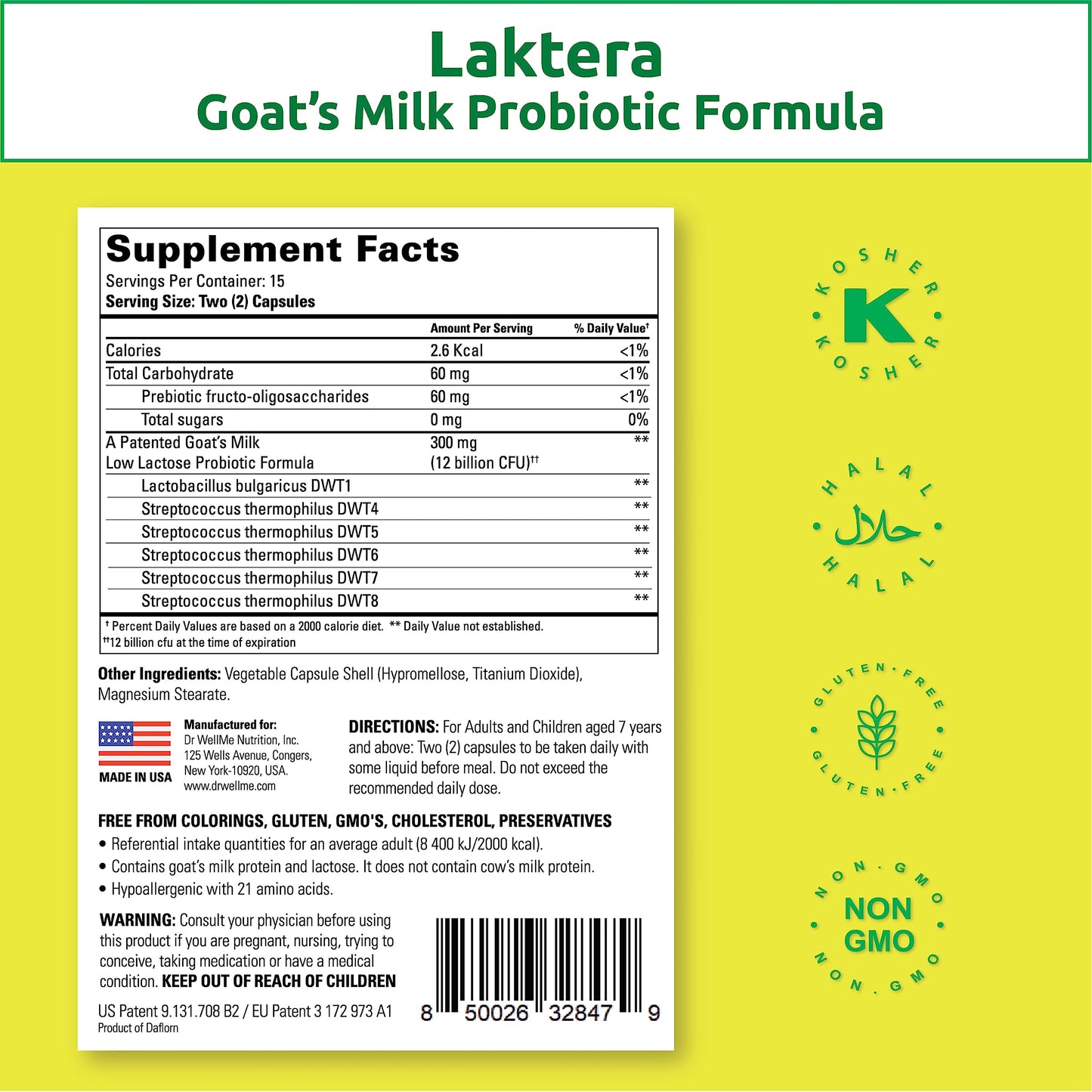 Dr. WellMe Laktera Allergy-Free Probiotics – 30 Caps, Goat Milk Formula, 12B CFU, Immune & Gut Health, Low Lactose, Gluten-Free