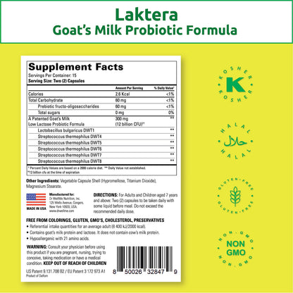 Dr. WellMe Laktera Allergy-Free Probiotics – 30 Caps, Goat Milk Formula, 12B CFU, Immune & Gut Health, Low Lactose, Gluten-Free
