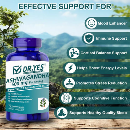 DR.YES Ashwagandha Capsules 500mg with Organic Black Pepper – Stress Relief, Sleep, Focus & Mood | Non-GMO, Vegan, 90 Capsules