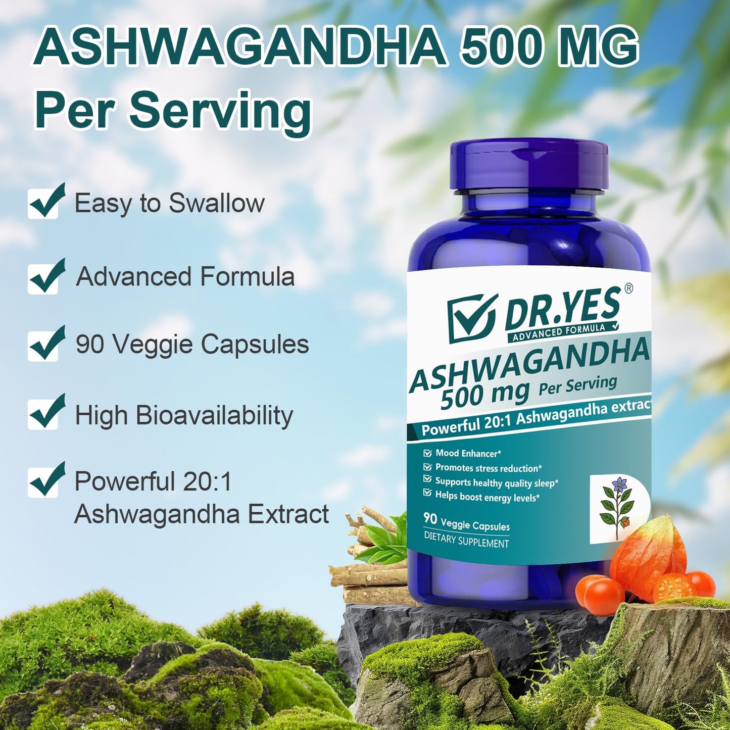 DR.YES Ashwagandha Capsules 500mg with Organic Black Pepper – Stress Relief, Sleep, Focus & Mood | Non-GMO, Vegan, 90 Capsules