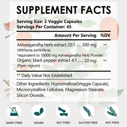 DR.YES Ashwagandha Capsules 500mg with Organic Black Pepper – Stress Relief, Sleep, Focus & Mood | Non-GMO, Vegan, 90 Capsules