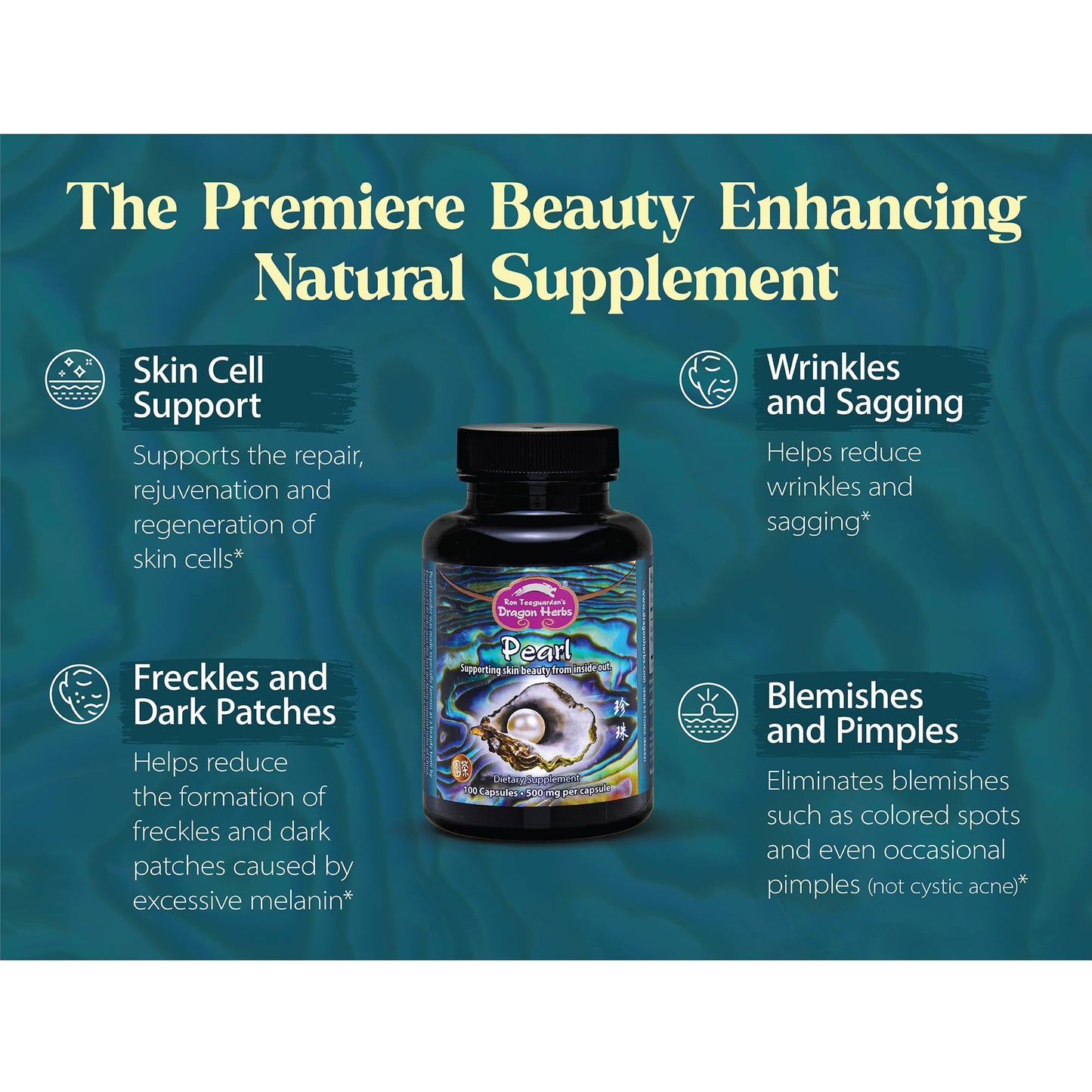 Dragon Herbs Pearl Powder Capsules - Pure Pearl Powder Supplement to Support Skin, Eyes, Nails, Beauty | All Natural Ingredients, Non-GMO (100 Capsules, 500 mg Per Capsule)
