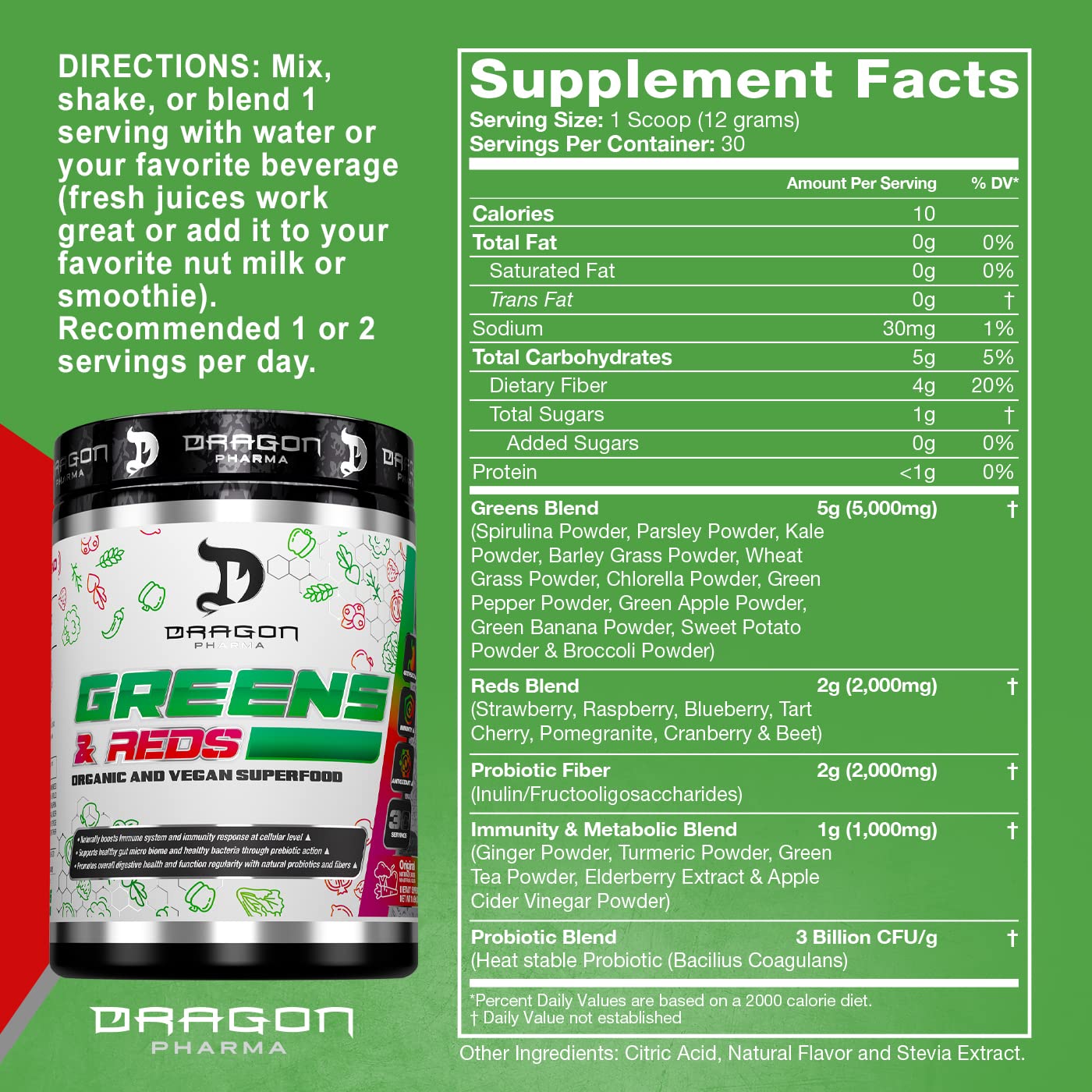 Dragon Pharma Greens & Reds – 23+ Superfoods, 30 Servings, Lemonade