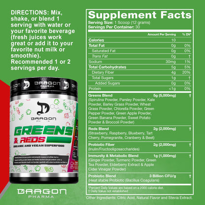 Dragon Pharma Greens & Reds – 23+ Superfoods, 30 Servings, Lemonade