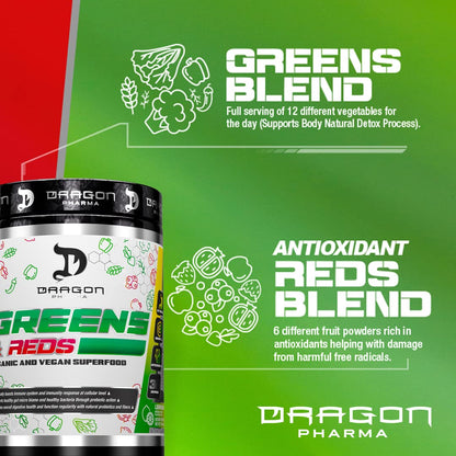 Dragon Pharma Greens & Reds – 23+ Superfoods, 30 Servings, Lemonade