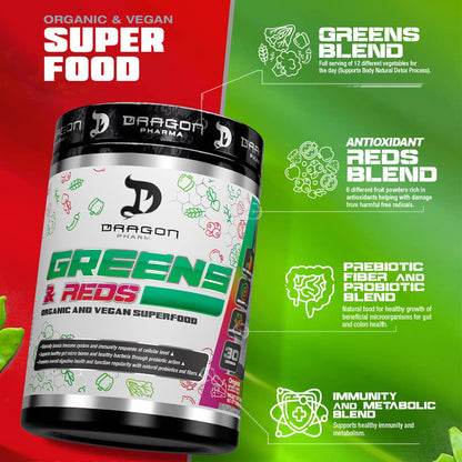 Dragon Pharma Greens & Reds – 23+ Superfoods, 30 Servings, Lemonade
