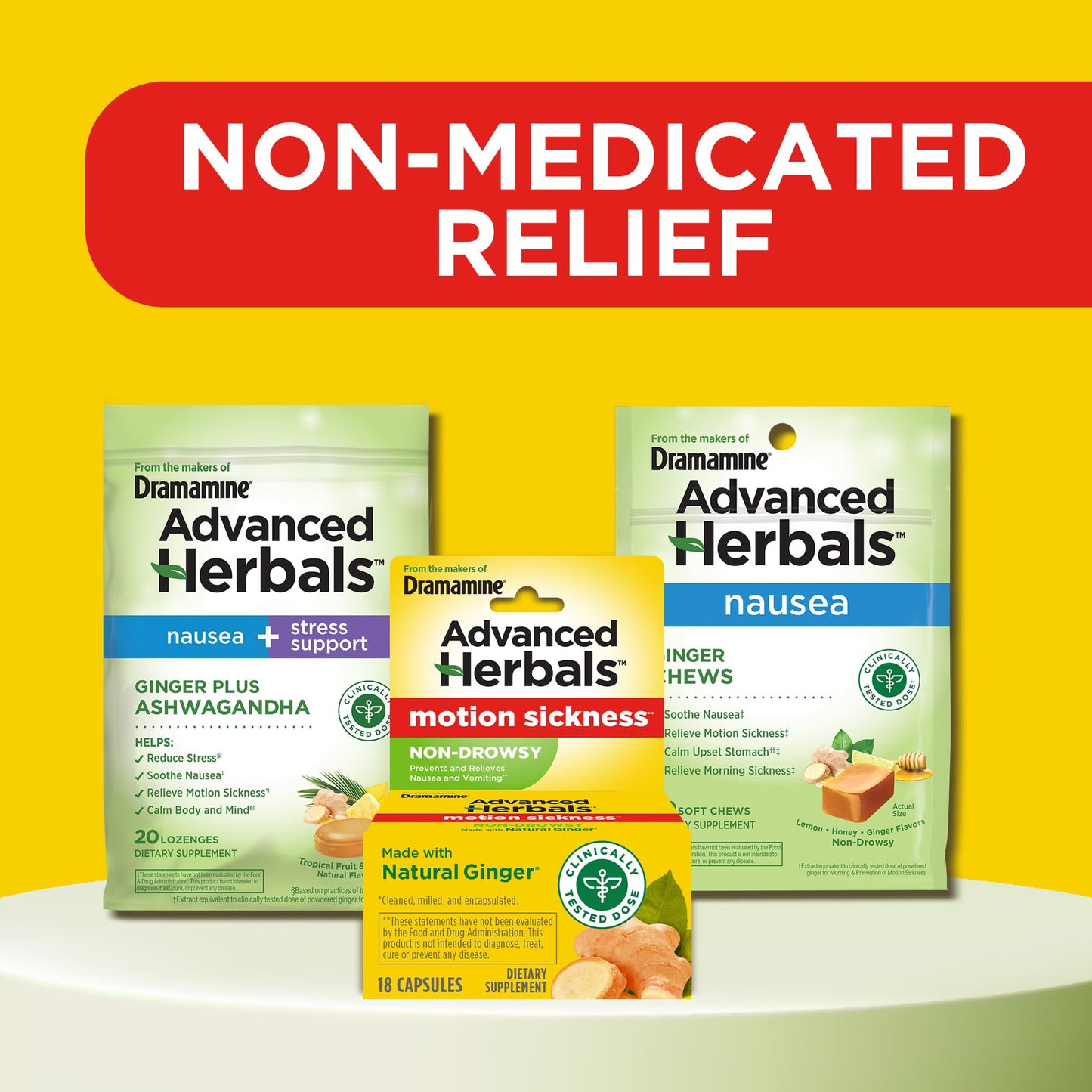Dramamine Advanced Herbals Motion Sickness Non-Drowsy Capsules – Ginger Relief, 18 Count, 2 Pack