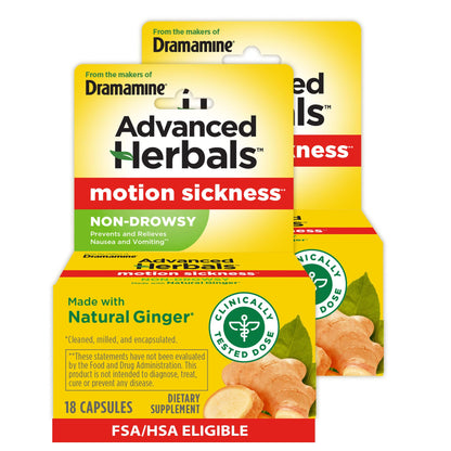 Dramamine Advanced Herbals Motion Sickness Non-Drowsy Capsules – Ginger Relief, 18 Count, 2 Pack