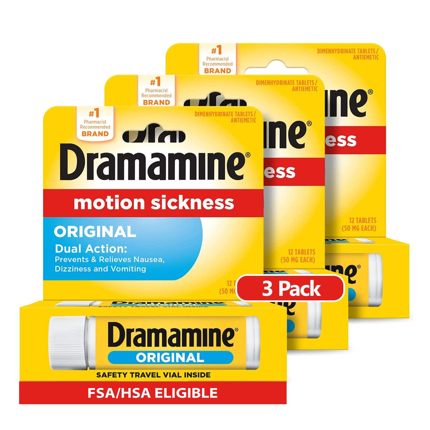 Dramamine Motion Sickness Original Travel Vial 3-Pack (12 Count Each) | Fast Relief