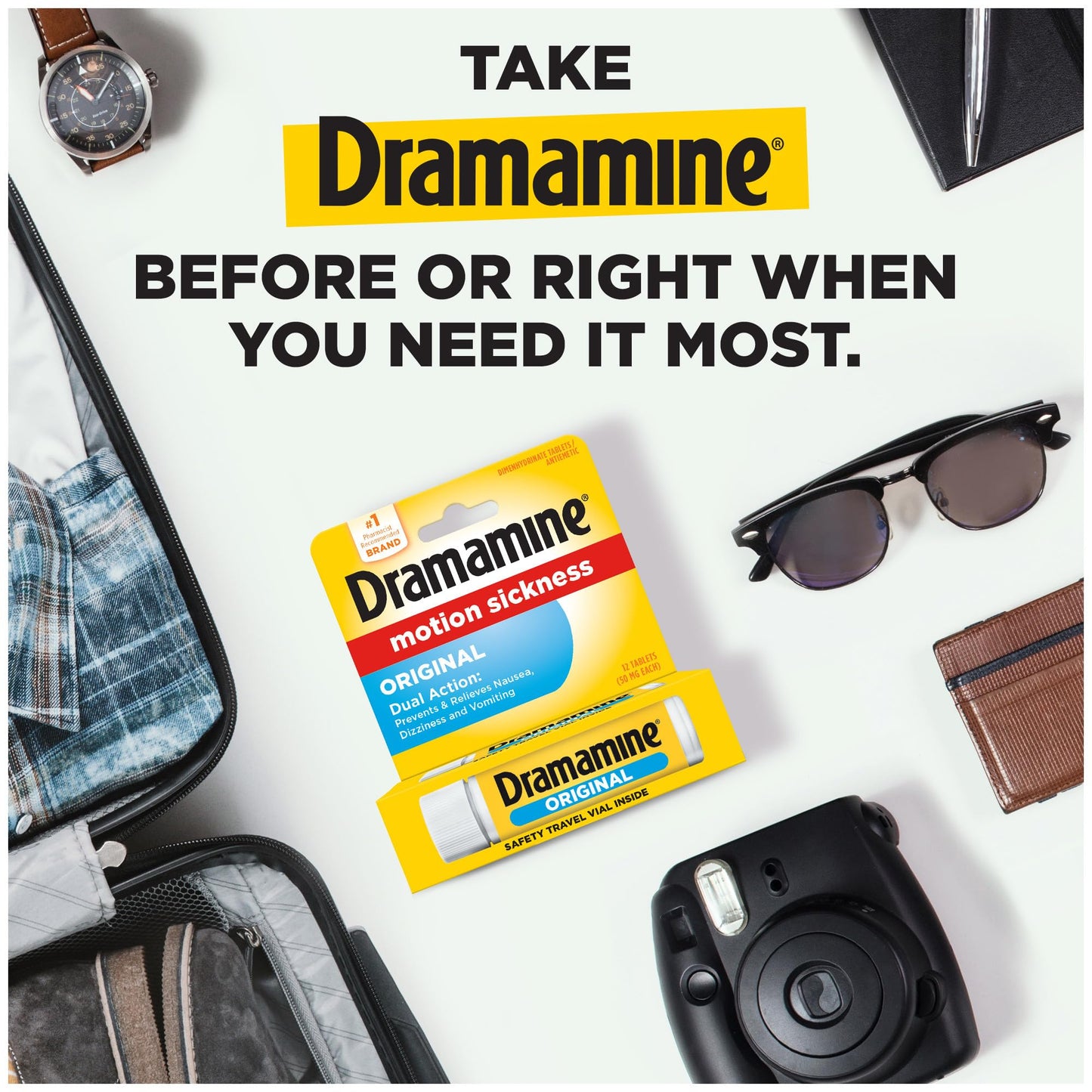Dramamine Motion Sickness Original Travel Vial 3-Pack (12 Count Each) | Fast Relief