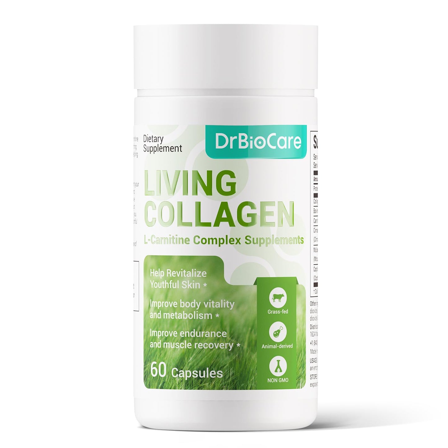DrBioCare Living Collagen L-Carnitine Complex – Grass-Fed Collagen, Colostrum, 60 Caps