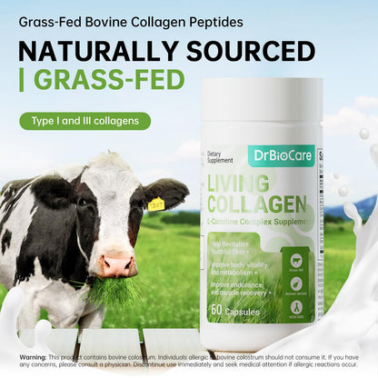 DrBioCare Living Collagen L-Carnitine Complex – Grass-Fed Collagen, Colostrum, 60 Caps