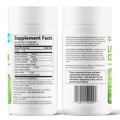 DrBioCare Living Collagen L-Carnitine Complex – Grass-Fed Collagen, Colostrum, 60 Caps
