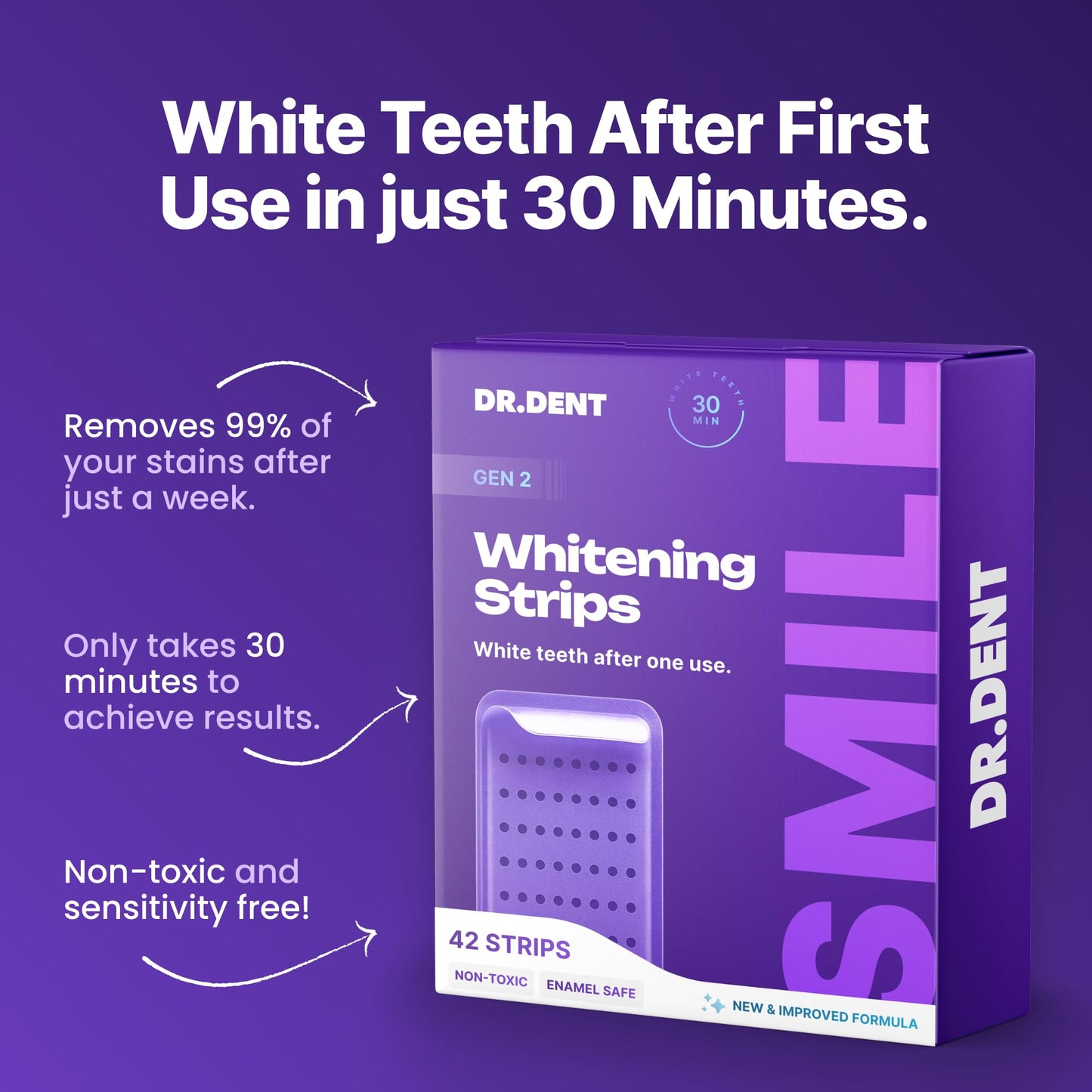 DRDENT Purple Teeth Whitening Strips - Safe for Enamel, 42 Strips