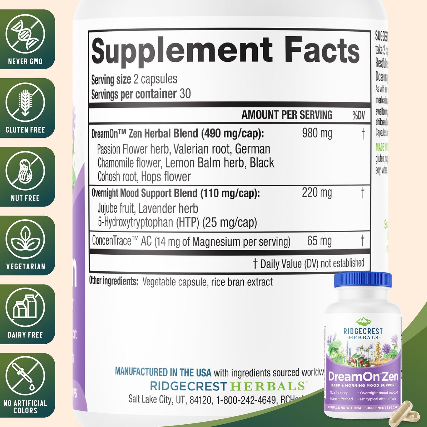Ridgecrest DreamOn Zen Sleep Support – Melatonin Free (60 Caps, 30 Servs)