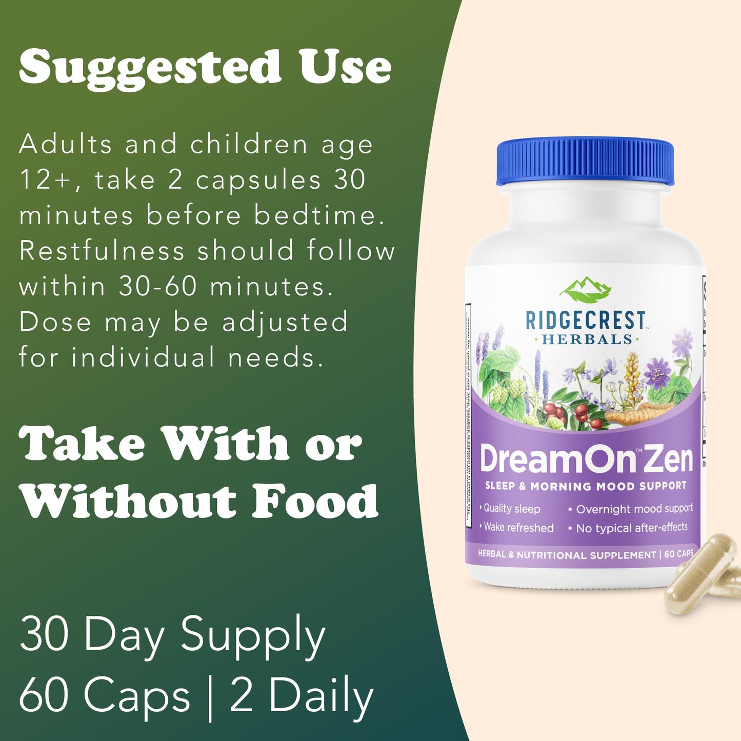 Ridgecrest DreamOn Zen Sleep Support – Melatonin Free (60 Caps, 30 Servs)