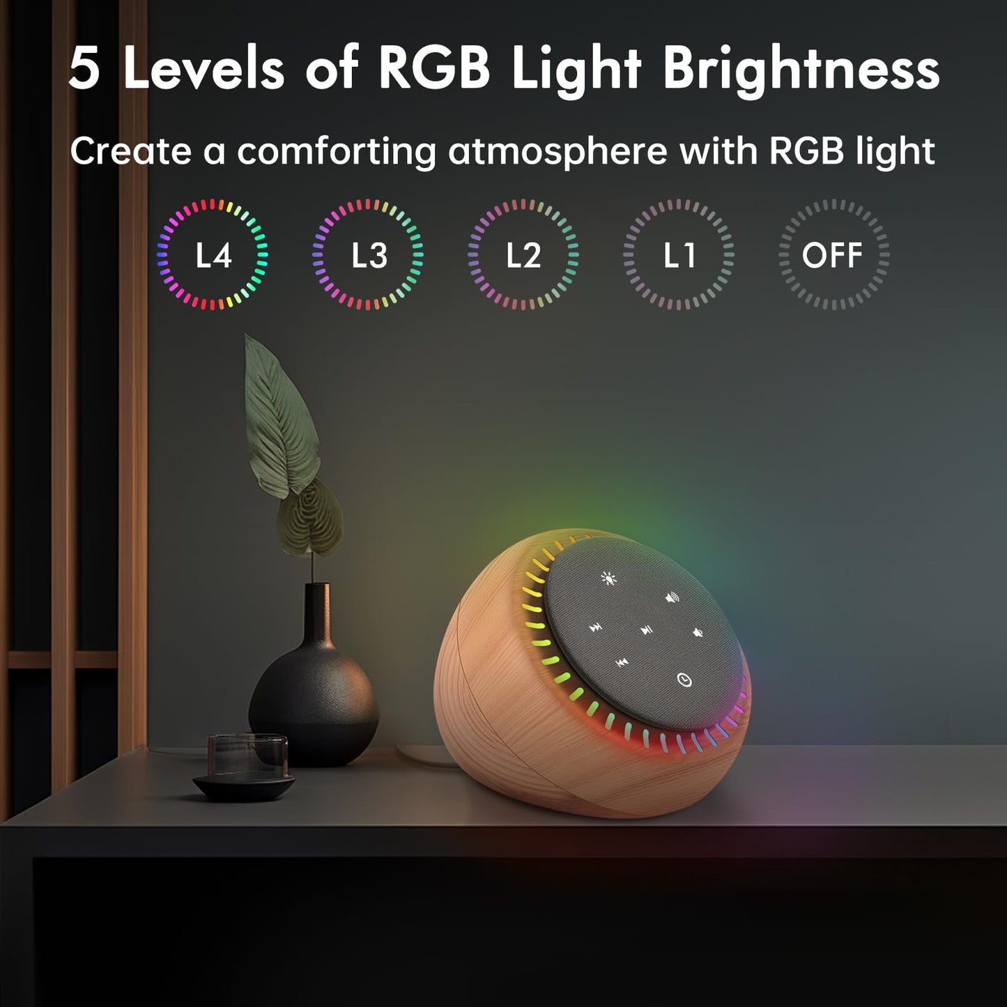 DreamSky Sound Machine for Sleep & Focus — 26 Sounds, RGB Night Light, Wood Grain