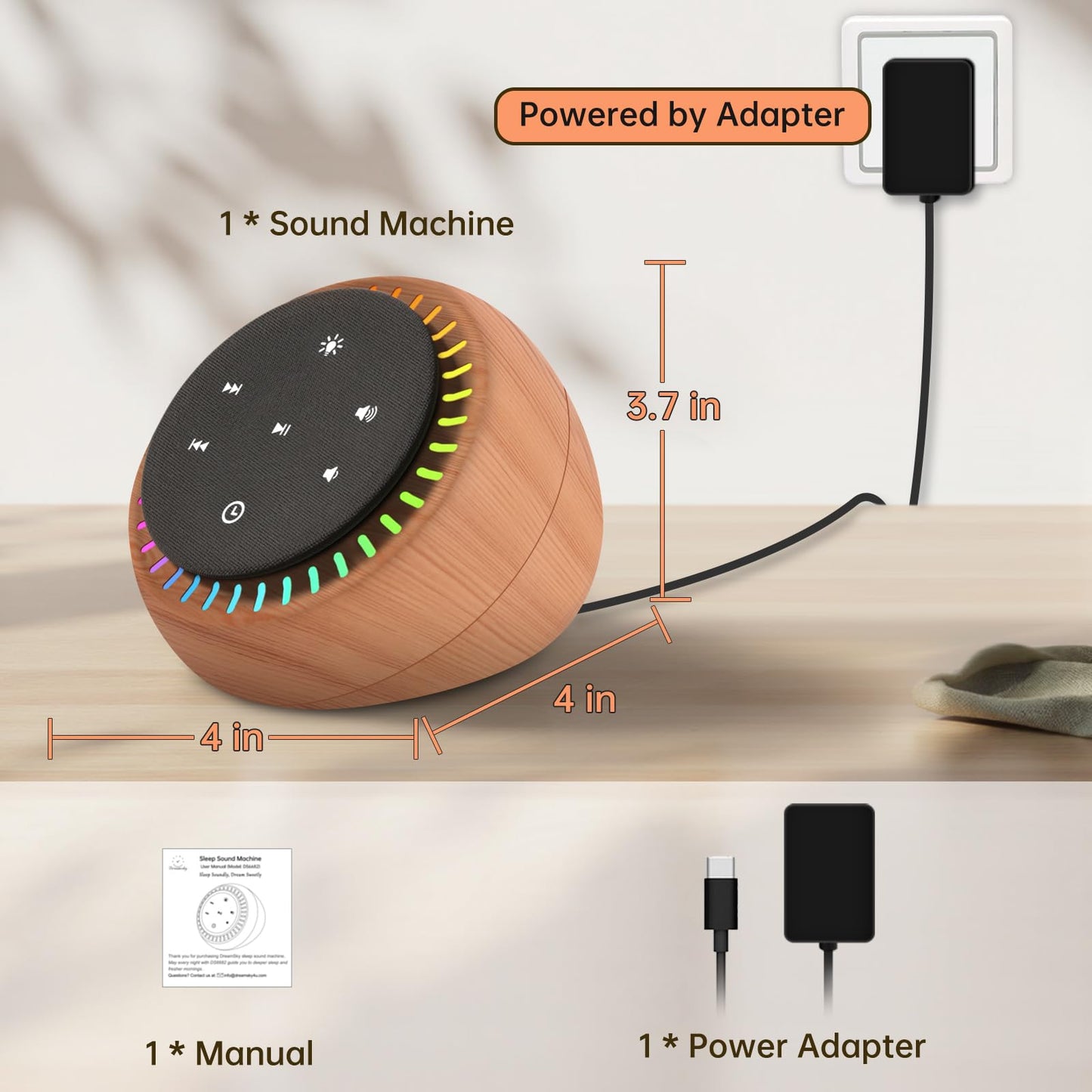 DreamSky Sound Machine for Sleep & Focus — 26 Sounds, RGB Night Light, Wood Grain
