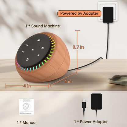 DreamSky Sound Machine for Sleep & Focus — 26 Sounds, RGB Night Light, Wood Grain
