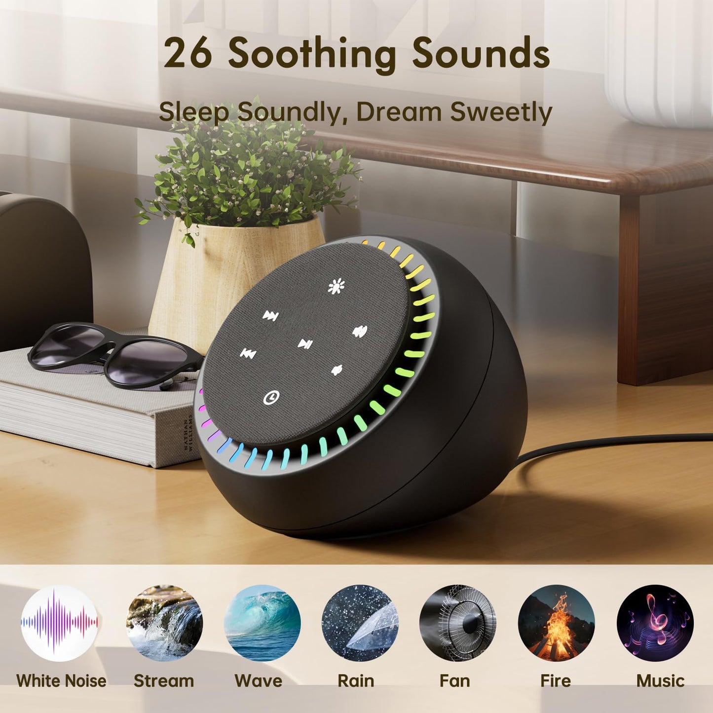DreamSky Sound Machine for Sleep and Focus | 26 Sounds, RGB Night Light, USB-C