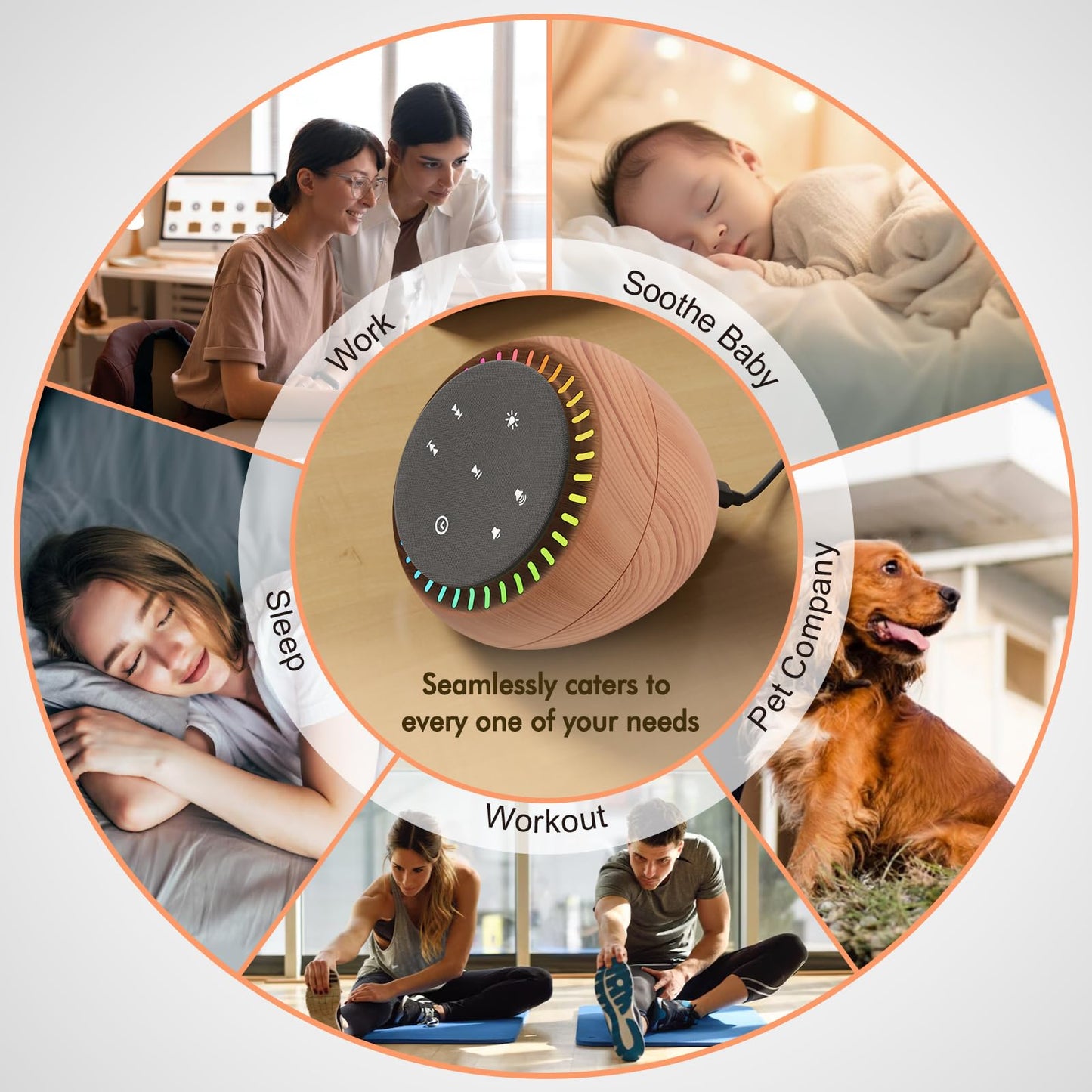 DreamSky Sound Machine for Sleep & Focus — 26 Sounds, RGB Night Light, Wood Grain