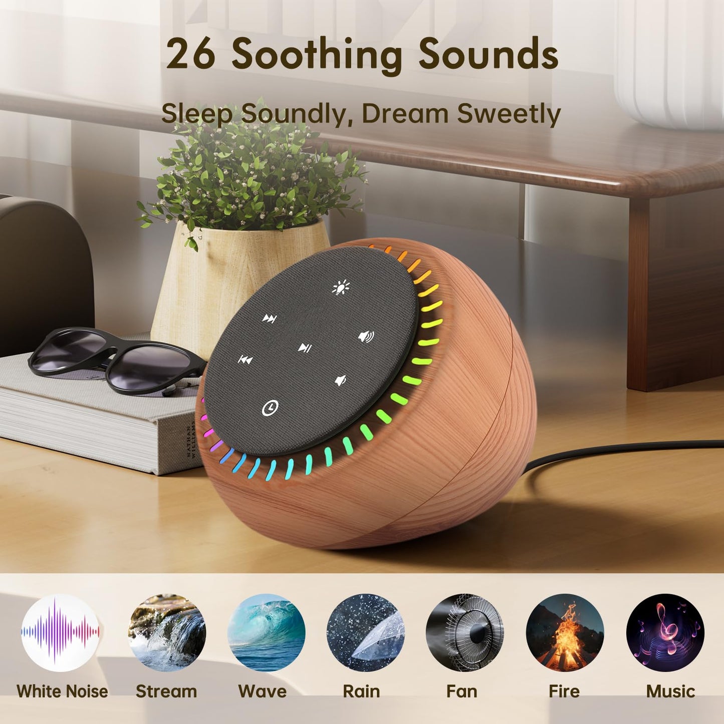 DreamSky Sound Machine for Sleep & Focus — 26 Sounds, RGB Night Light, Wood Grain