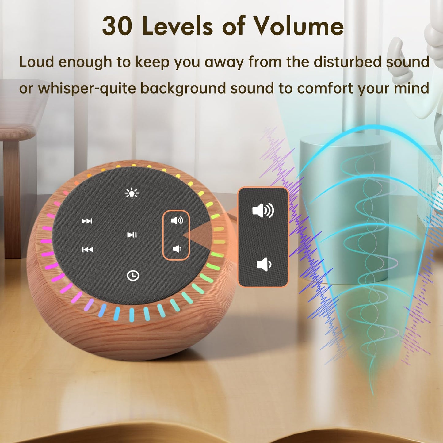 DreamSky Sound Machine for Sleep & Focus — 26 Sounds, RGB Night Light, Wood Grain