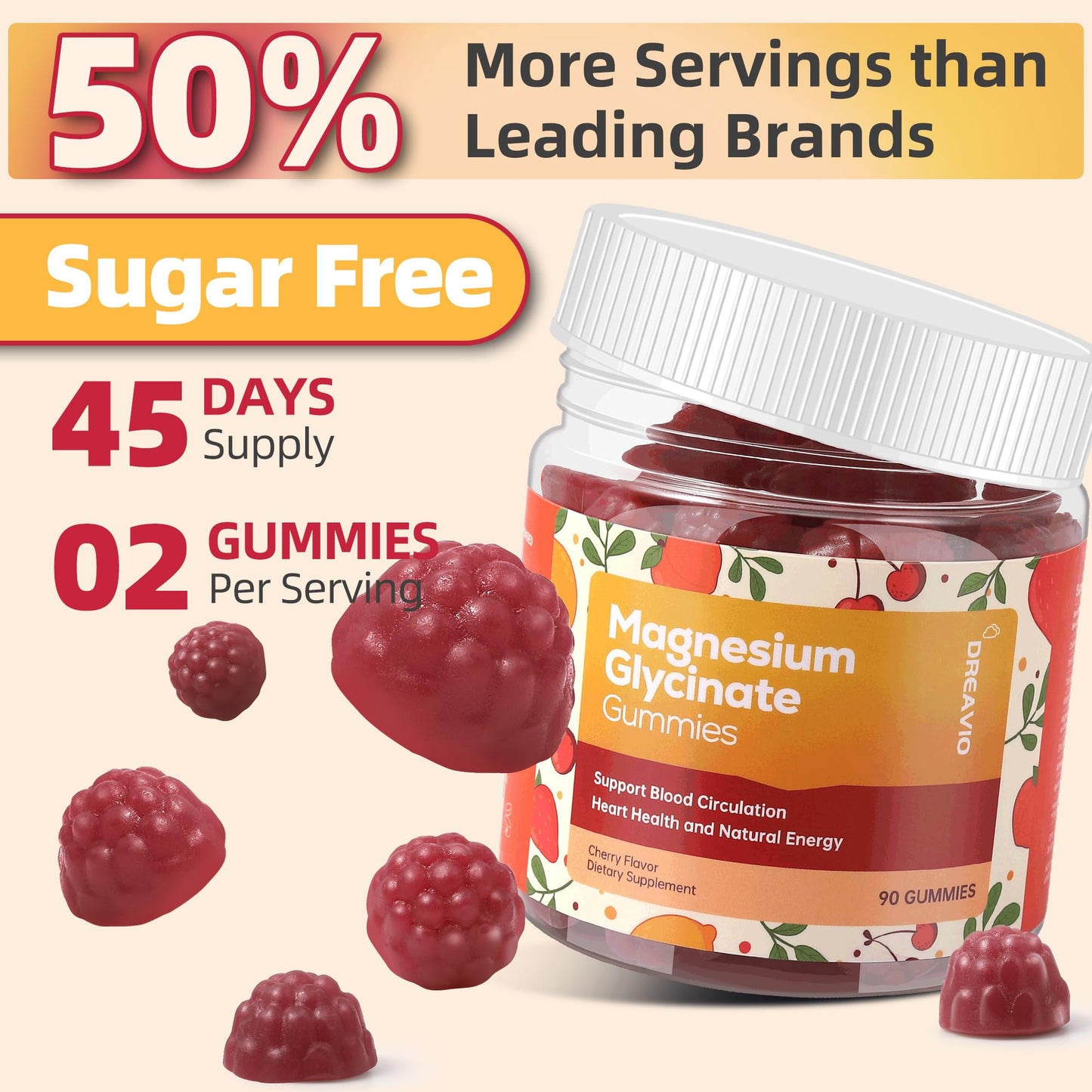 DREAVIO 90-Count Magnesium Glycinate Gummies 400mg with Ashwagandha | Sugar-Free Zinc Magnesium Glycinate Gummies for Adults