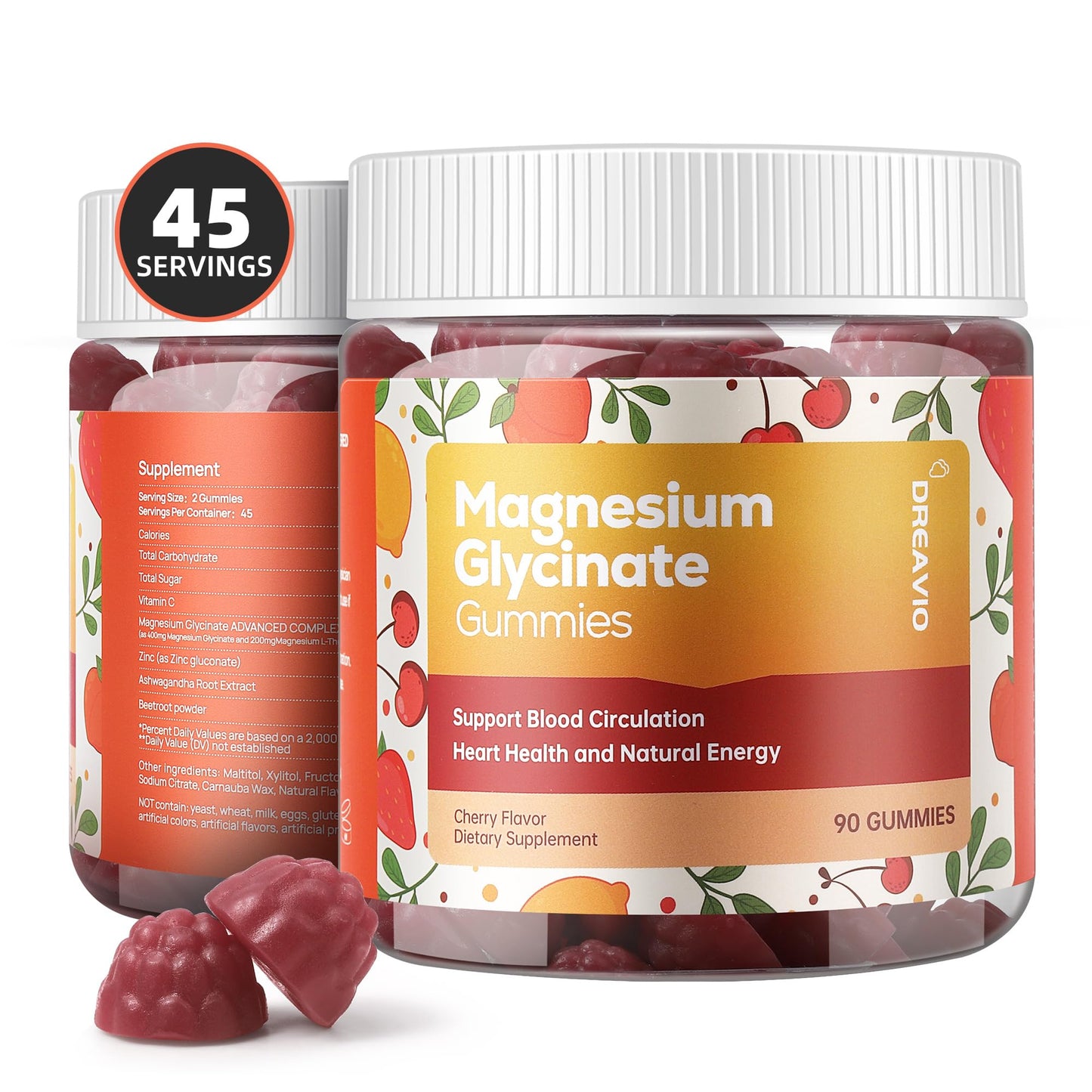 DREAVIO 90-Count Magnesium Glycinate Gummies 400mg with Ashwagandha | Sugar-Free Zinc Magnesium Glycinate Gummies for Adults