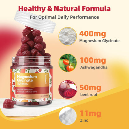 DREAVIO 90-Count Magnesium Glycinate Gummies 400mg with Ashwagandha | Sugar-Free Zinc Magnesium Glycinate Gummies for Adults