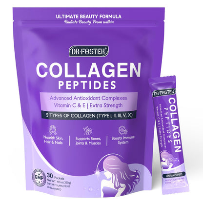 DRFOSTER Collagen Peptides Powder Sticks – Multi-Type I II III V X Collagen + Antioxidant Blend, Vitamin C & E | Non-GMO | 30 Pack