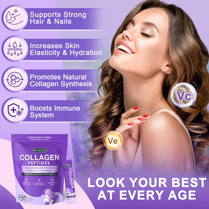 DRFOSTER Collagen Peptides Powder Sticks – Multi-Type I II III V X Collagen + Antioxidant Blend, Vitamin C & E | Non-GMO | 30 Pack