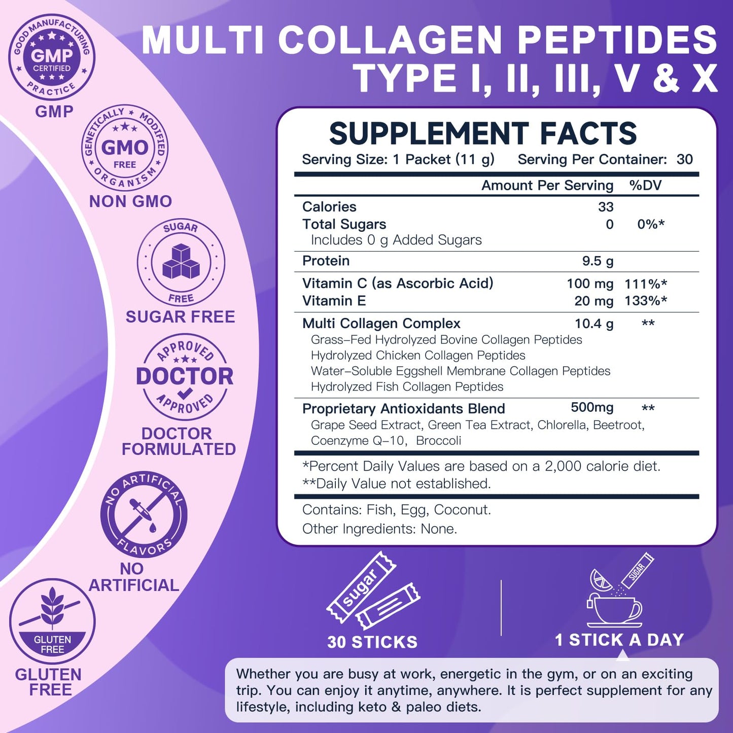 DRFOSTER Collagen Peptides Powder Sticks – Multi-Type I II III V X Collagen + Antioxidant Blend, Vitamin C & E | Non-GMO | 30 Pack